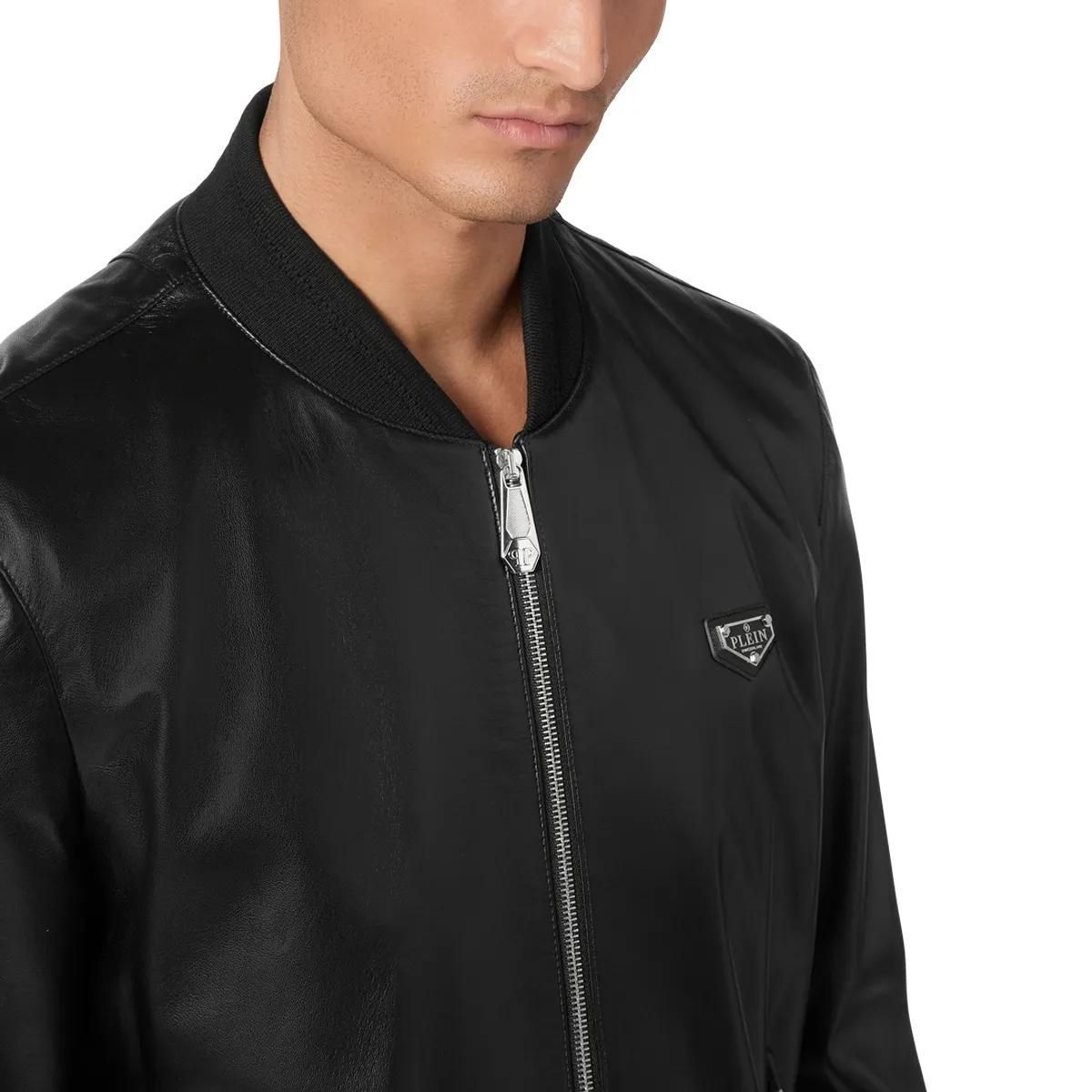 Philipp Plein - Leder-Bomber Iconic Plein - Größe L - schwarz