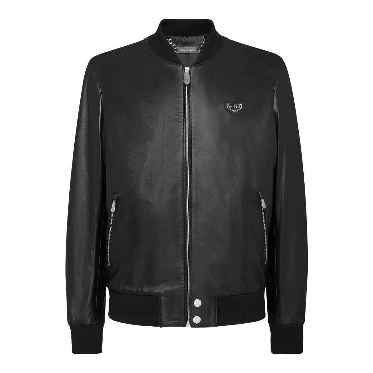 Philipp Plein - Leder-Bomber Iconic Plein - Größe L - schwarz