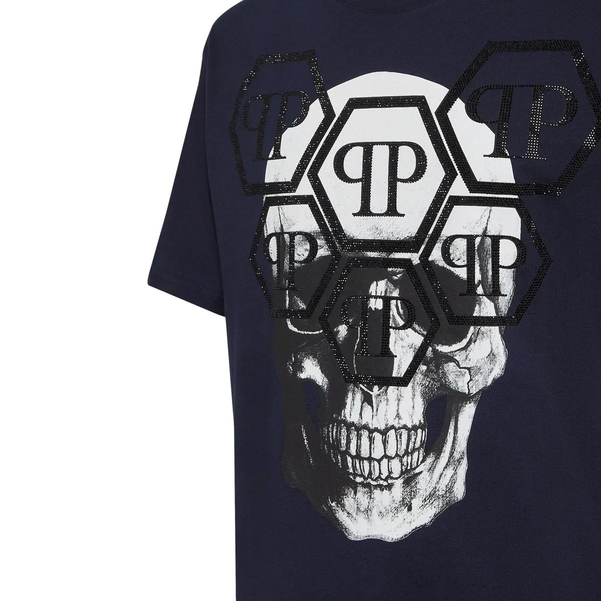 Philipp Plein - T-Shirt Skull Mit Schmucksteinen - Größe XXL - blau
