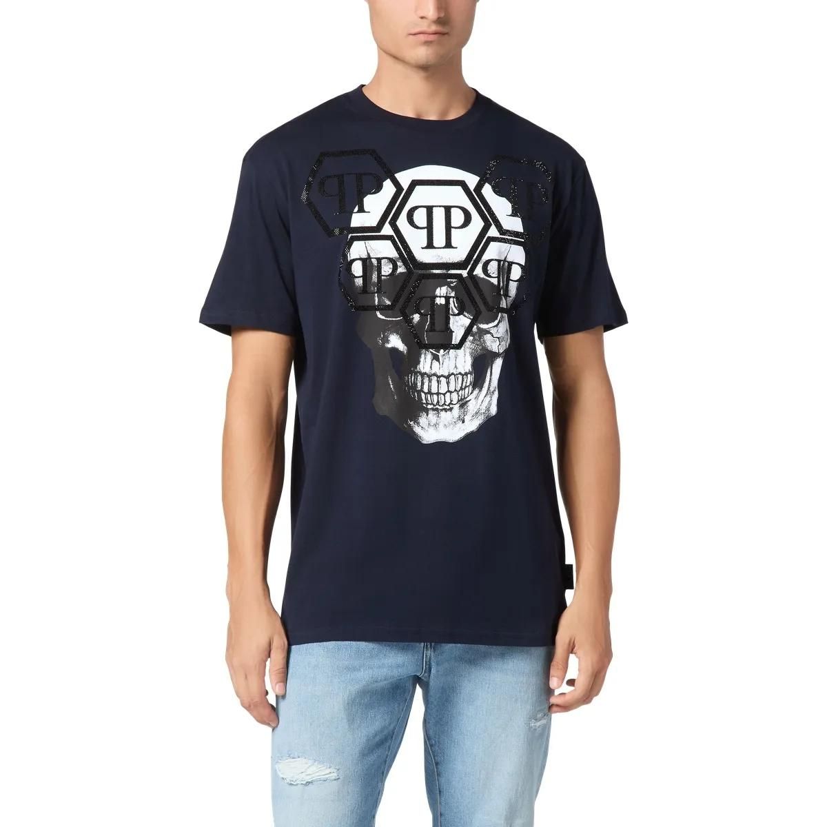 Philipp Plein - T-Shirt Skull Mit Schmucksteinen - Größe XXL - blau