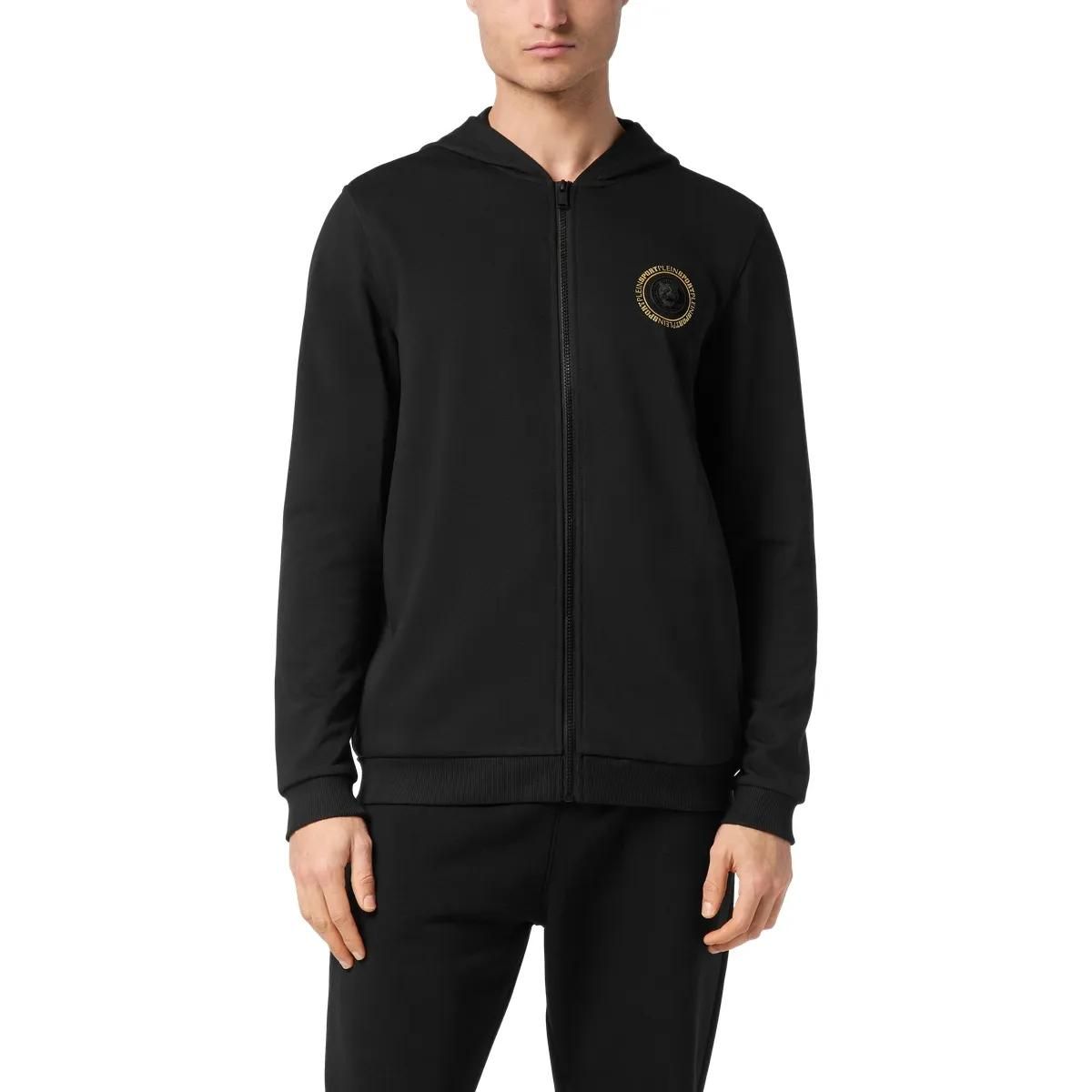 Schwarze Fleece-Sweatjacke mit Kapuze und Logo