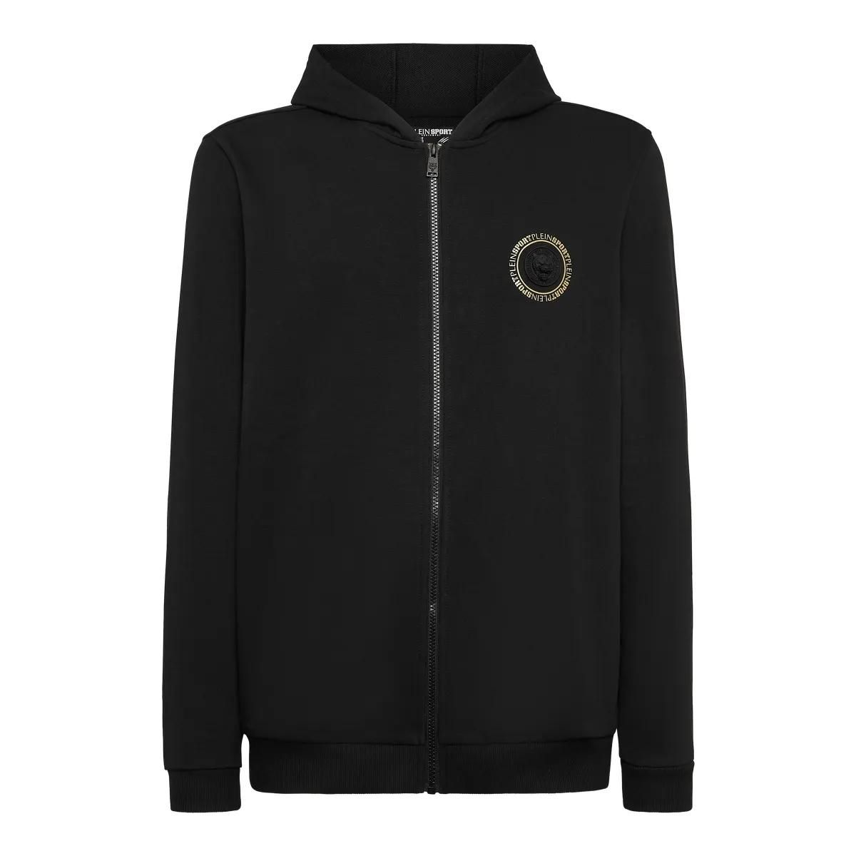 Schwarze Fleece-Sweatjacke mit Kapuze und Logo