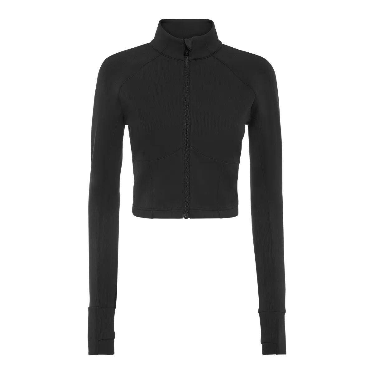 Schwarze gerippte Strickjacke mit Reißverschluss