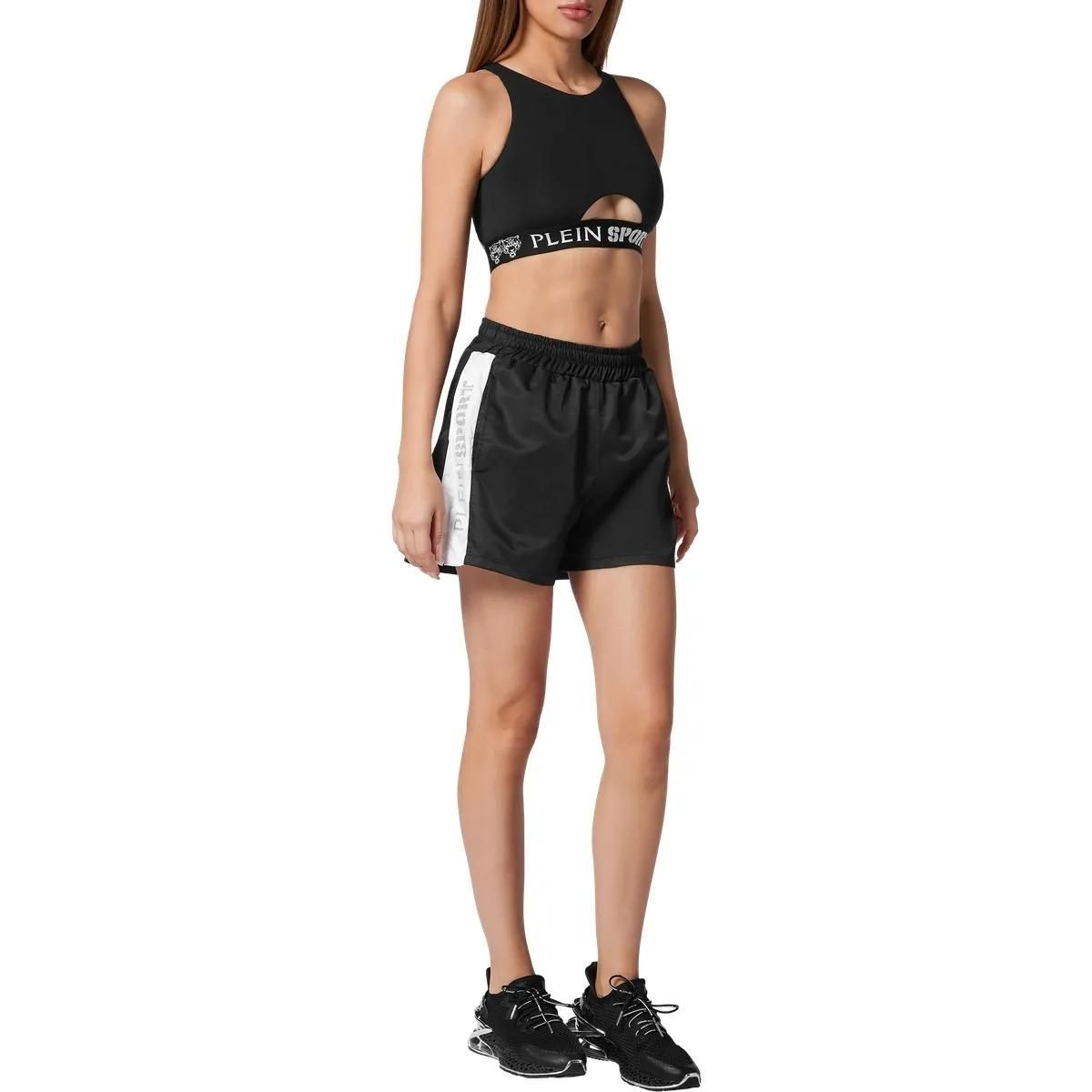 Schwarze Satin-Laufshorts mit Logo-Band