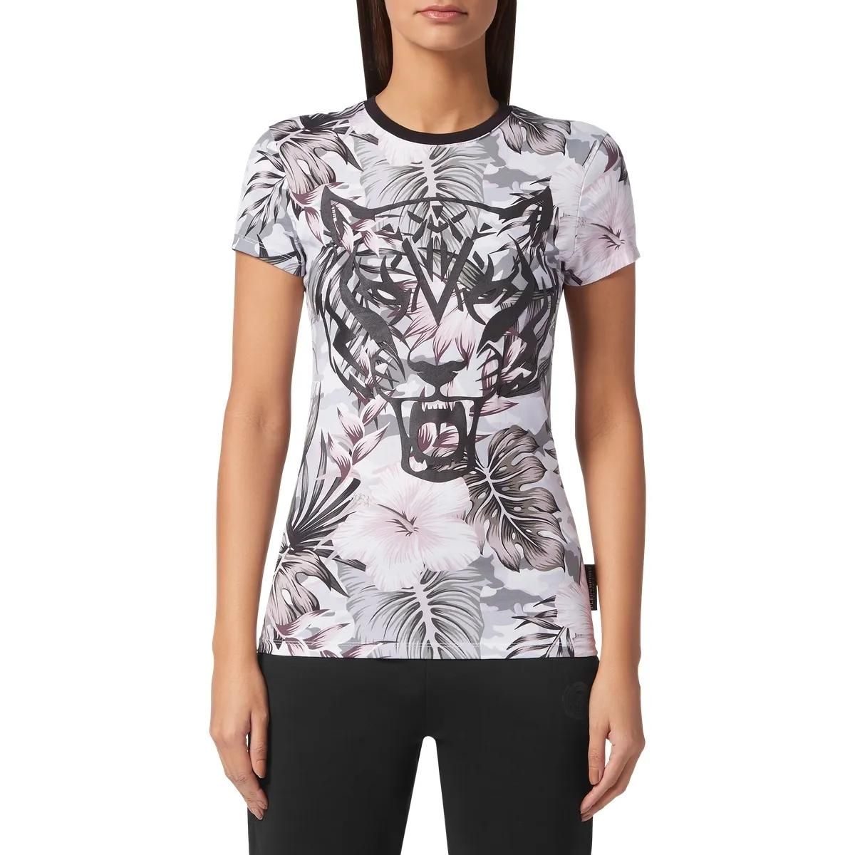 Figurbetontes T-Shirt mit floralem Tigerprint