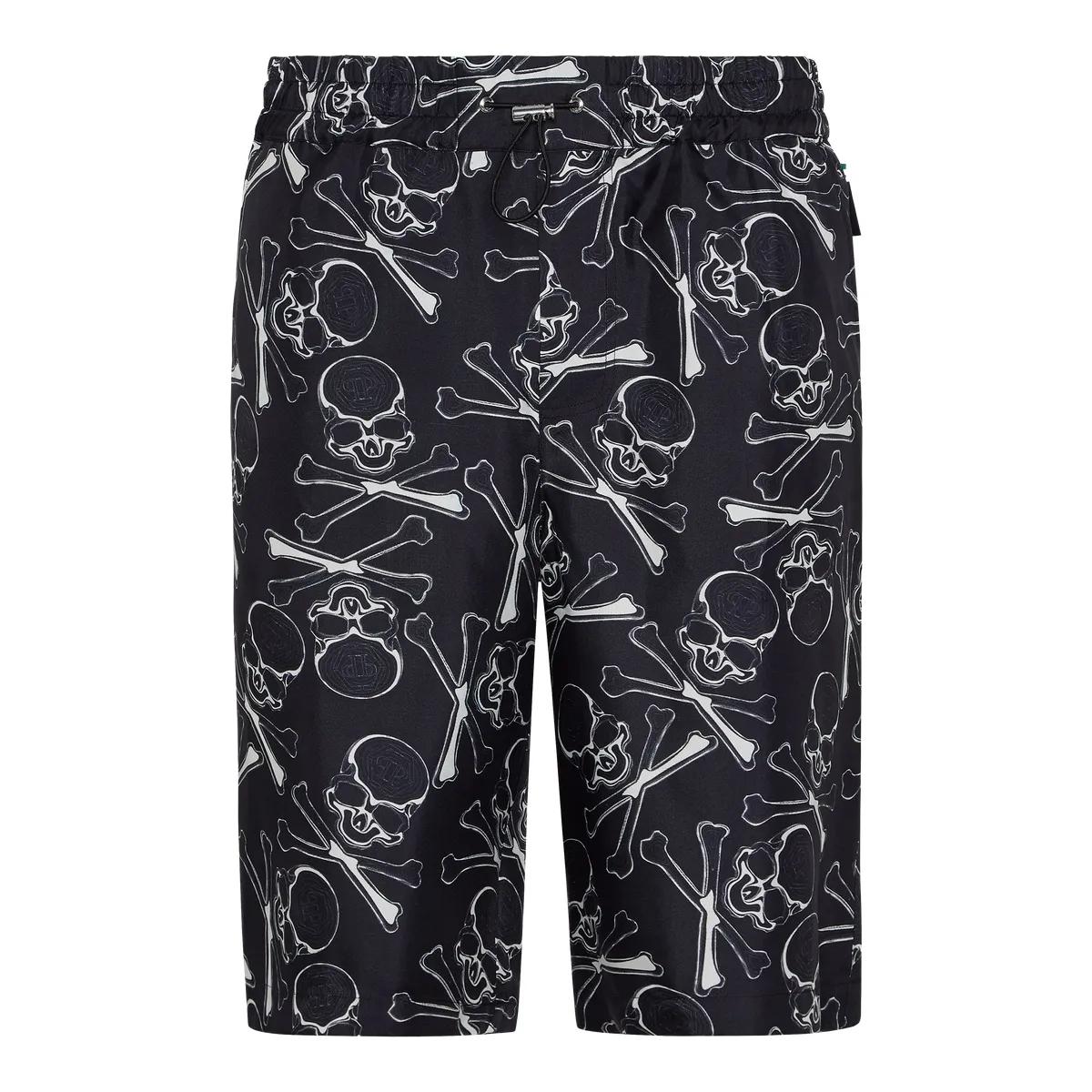 Seidenshorts mit Totenkopf- und Knochenmuster
