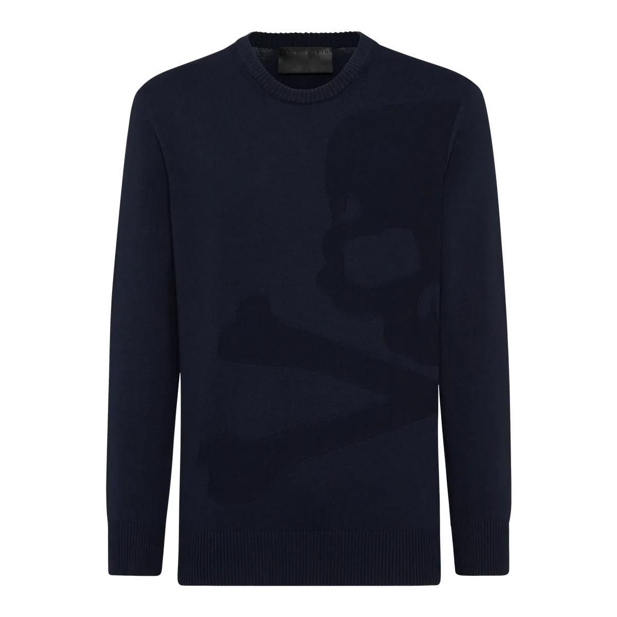 Marineblauer Strickpullover mit Totenkopfmuster