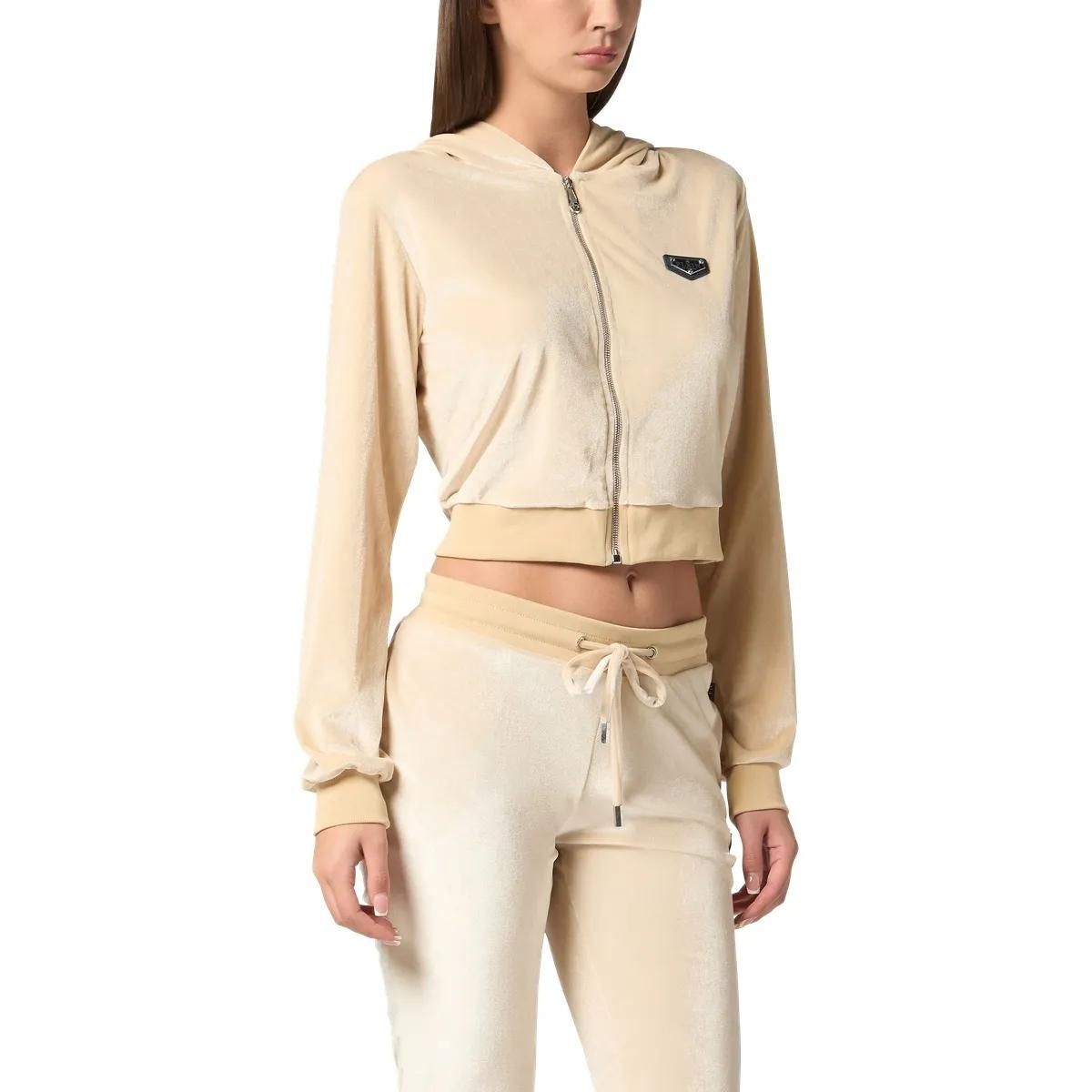 Kurzgeschnittene Velours-Kapuzenjacke mit Reißverschluss