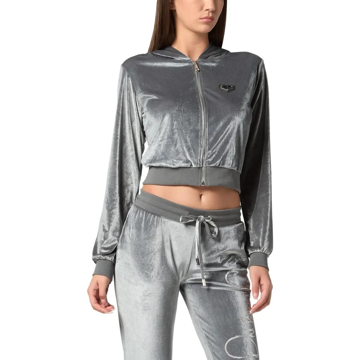 Kurzer Samt-Hoodie mit Logo