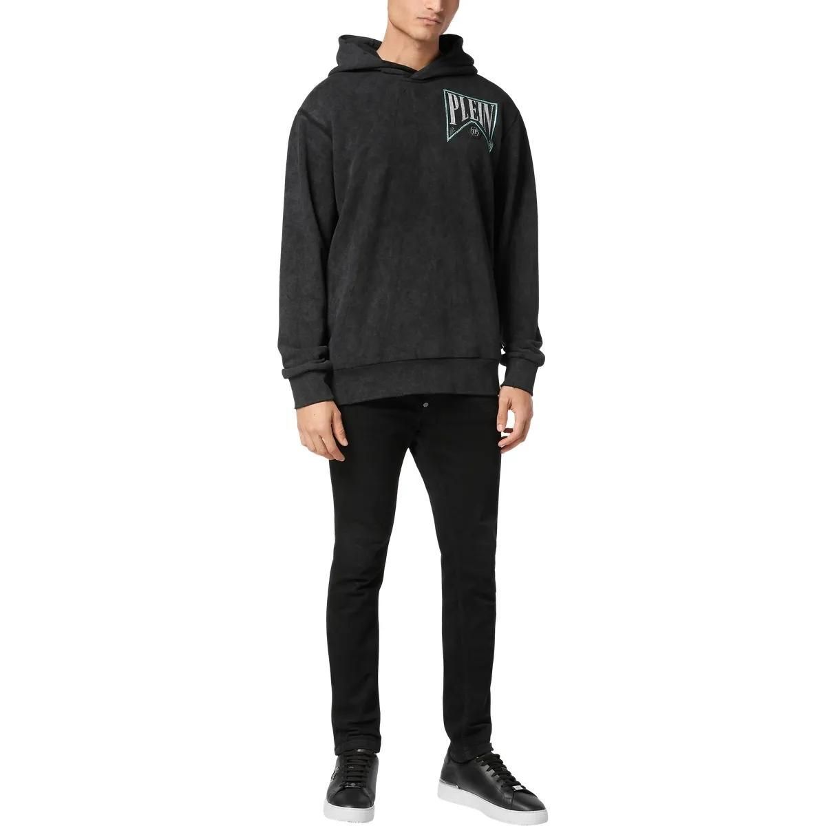 Schwarzer Baumwollfleece Hoodie im Used-Look