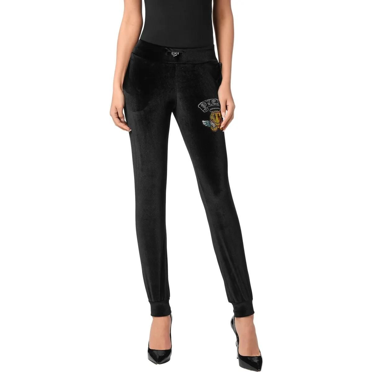 Schwarze Velours Jogginghose mit Strasssteinen