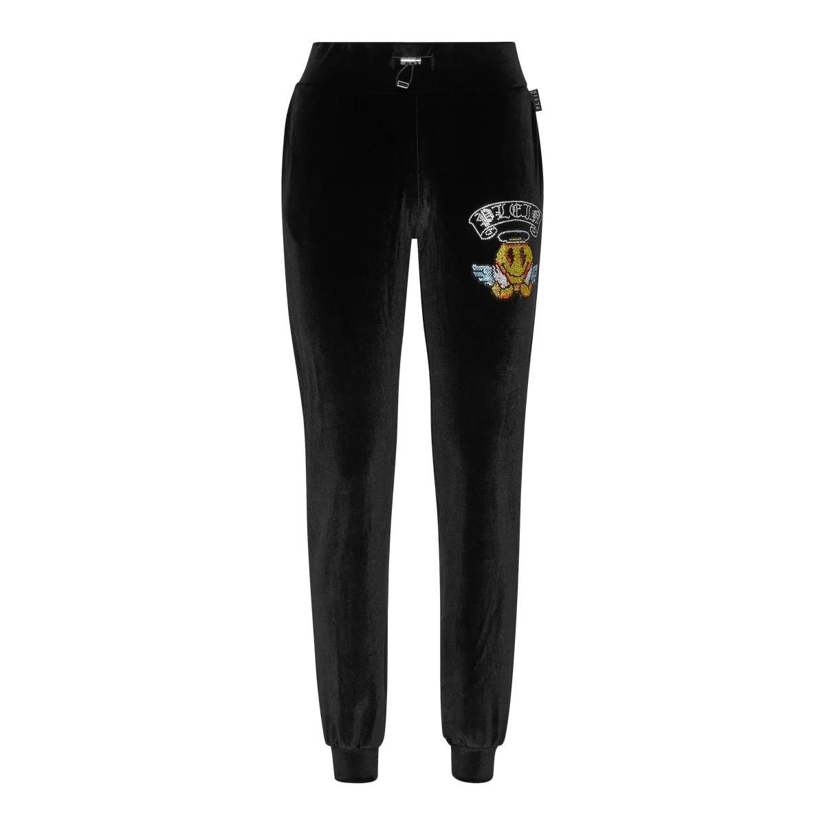 Schwarze Velours Jogginghose mit Strasssteinen