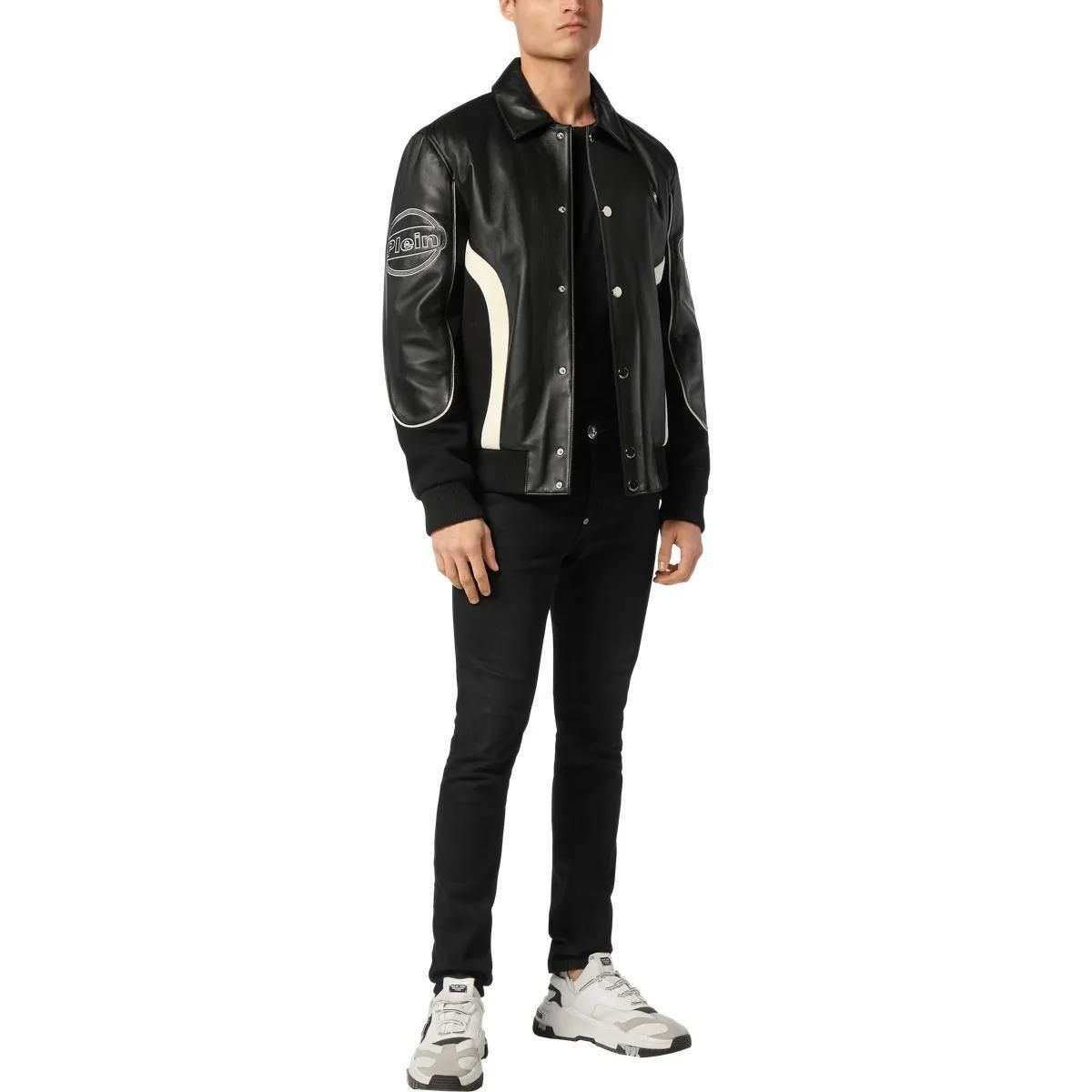 Schwarze Leder-Renn-Bomberjacke