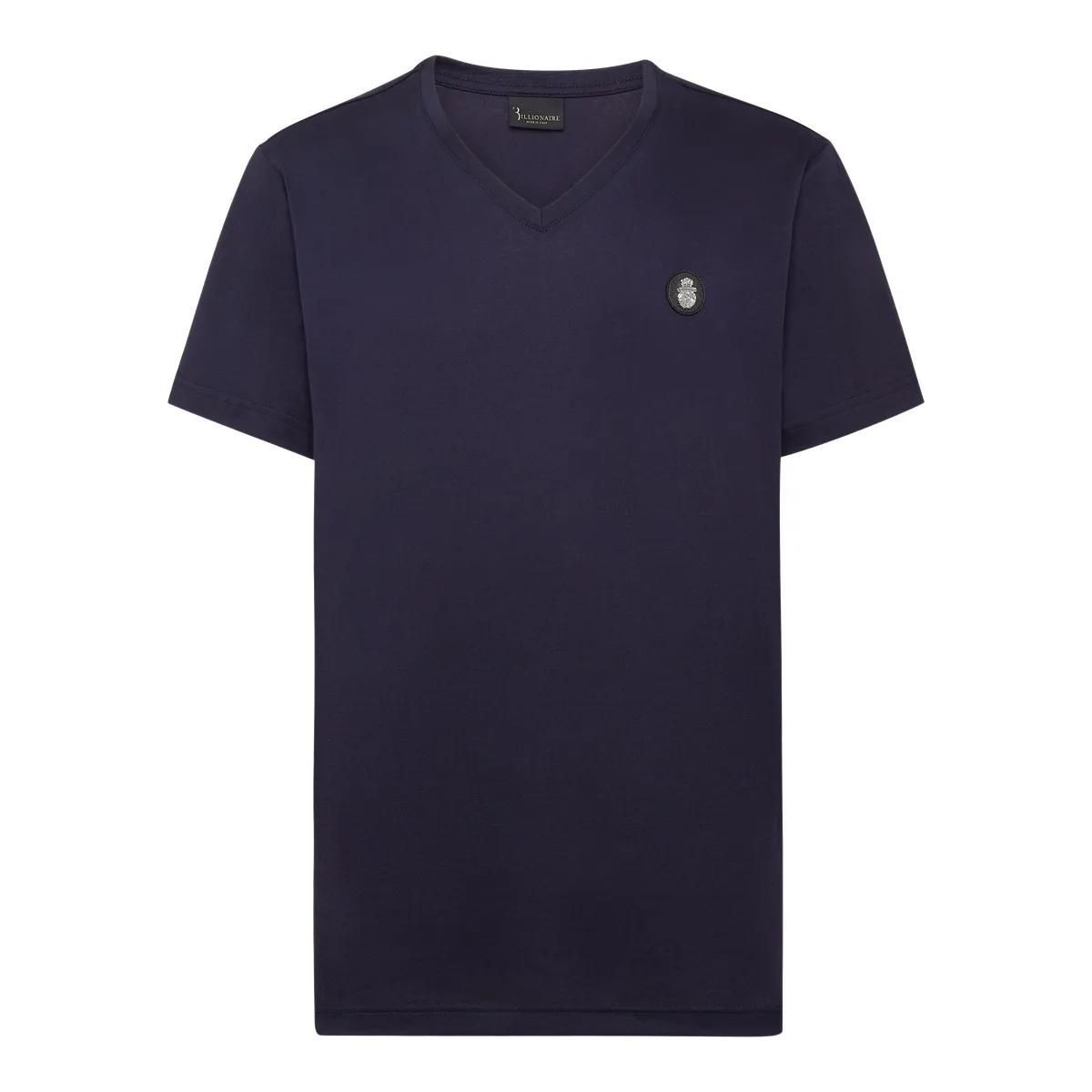 Marineblaues Baumwolljersey V-Ausschnitt T-Shirt