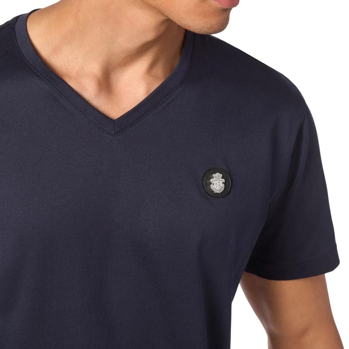 Marineblaues Baumwolljersey V-Ausschnitt T-Shirt