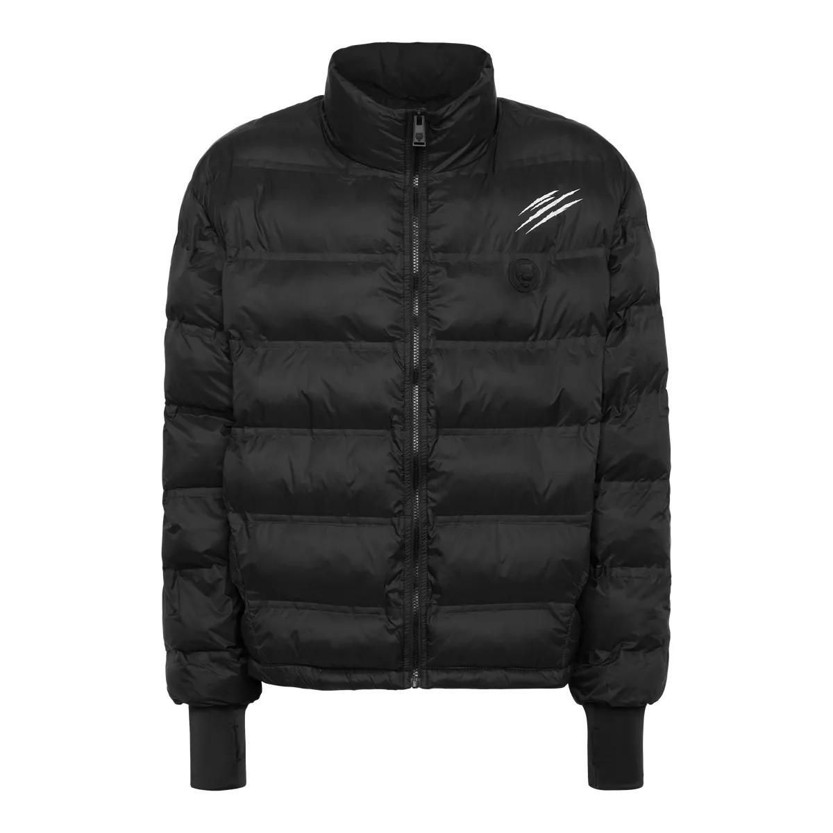 Schwarze gefütterte Daunenjacke mit Logo