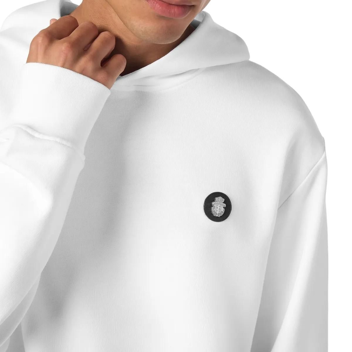 Weißer Baumwollfleece-Hoodie mit Logo-Patch