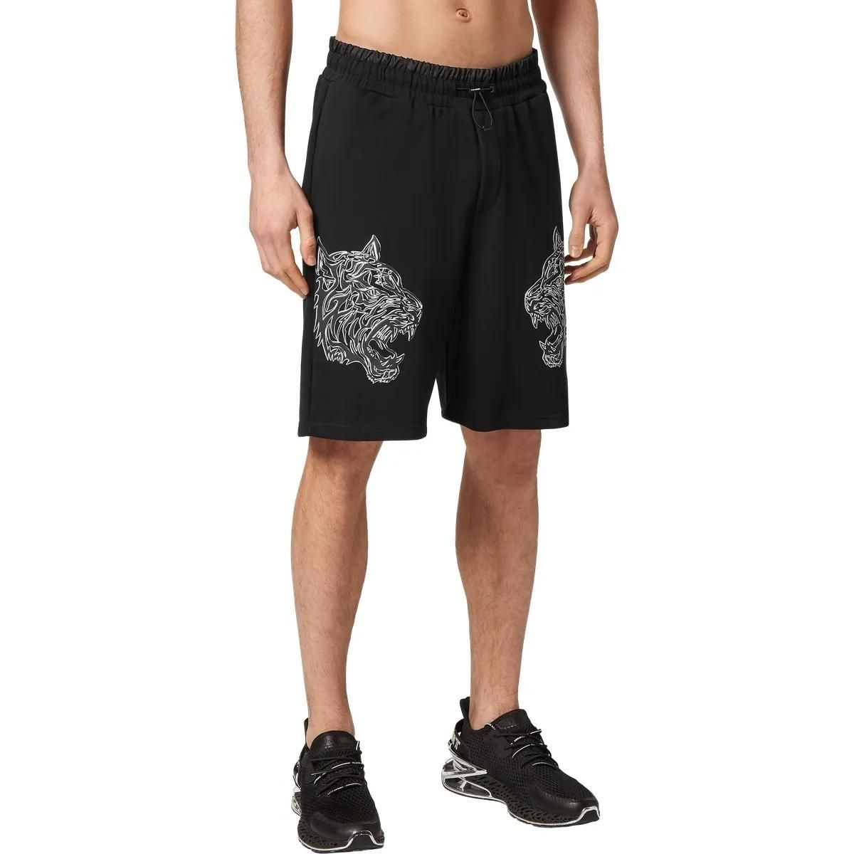 Herren Fleece Shorts mit Tiger-Print, Schwarz