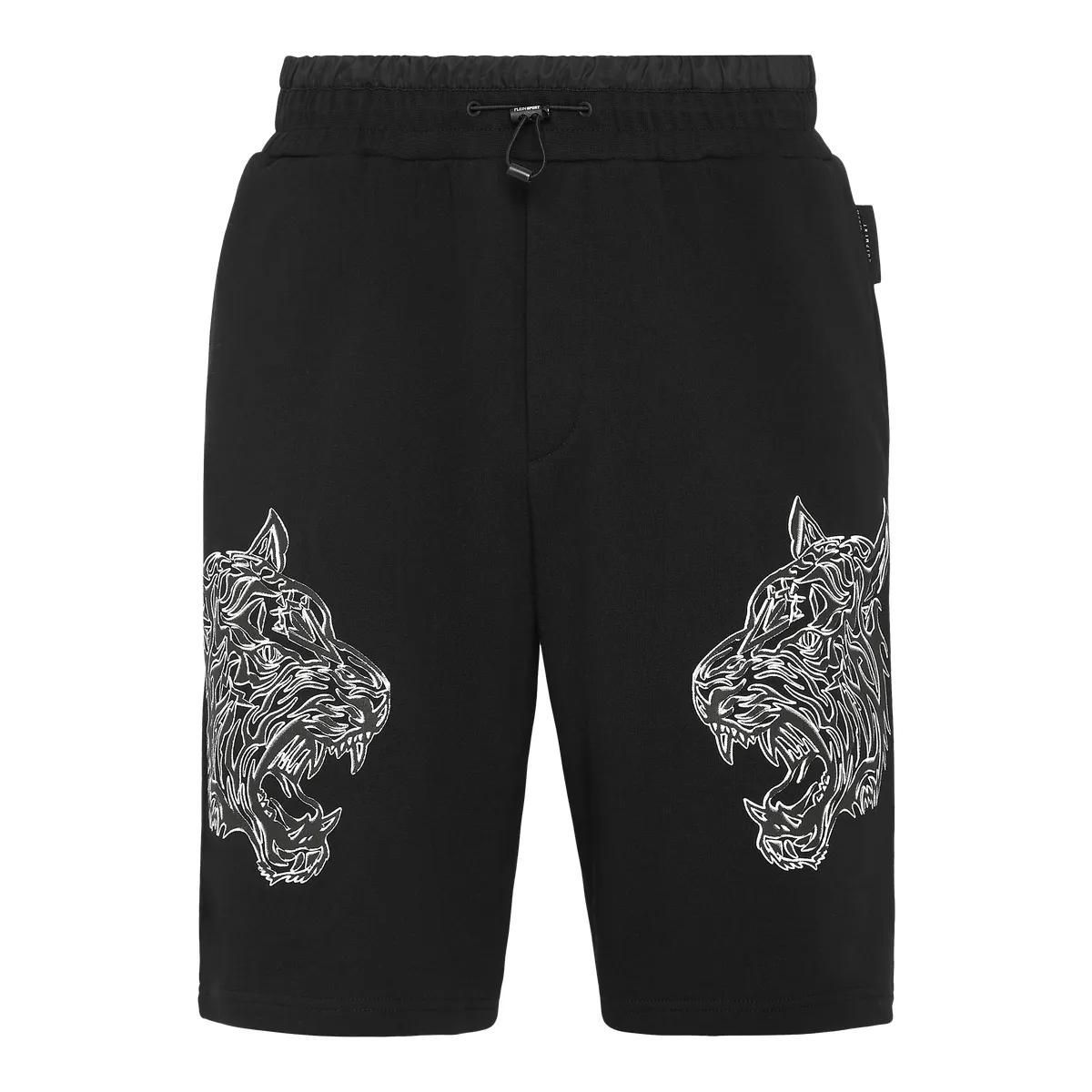 Herren Fleece Shorts mit Tiger-Print, Schwarz