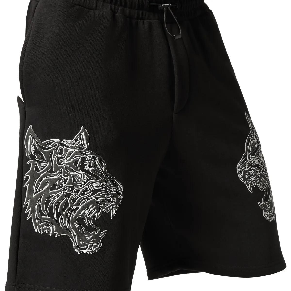 Herren Fleece Shorts mit Tiger-Print, Schwarz