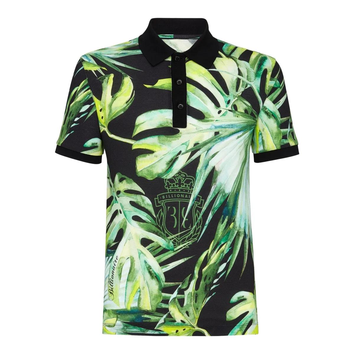 Polohemd aus Baumwolljersey mit tropischem Print