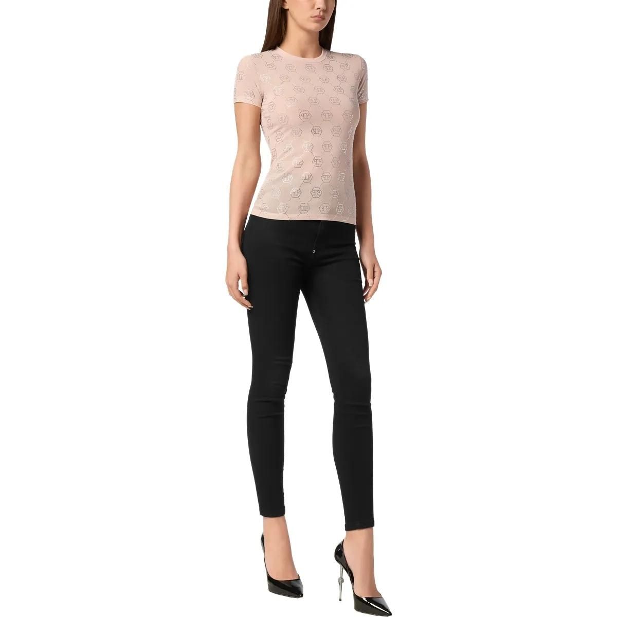 Monogramm Strass verzierter Figurbetonter T-Shirt