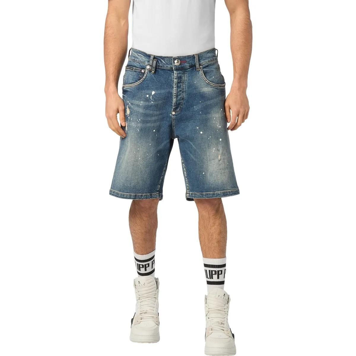 Bermuda-Jeansshorts mit Distressed-Look und Farbspritzern