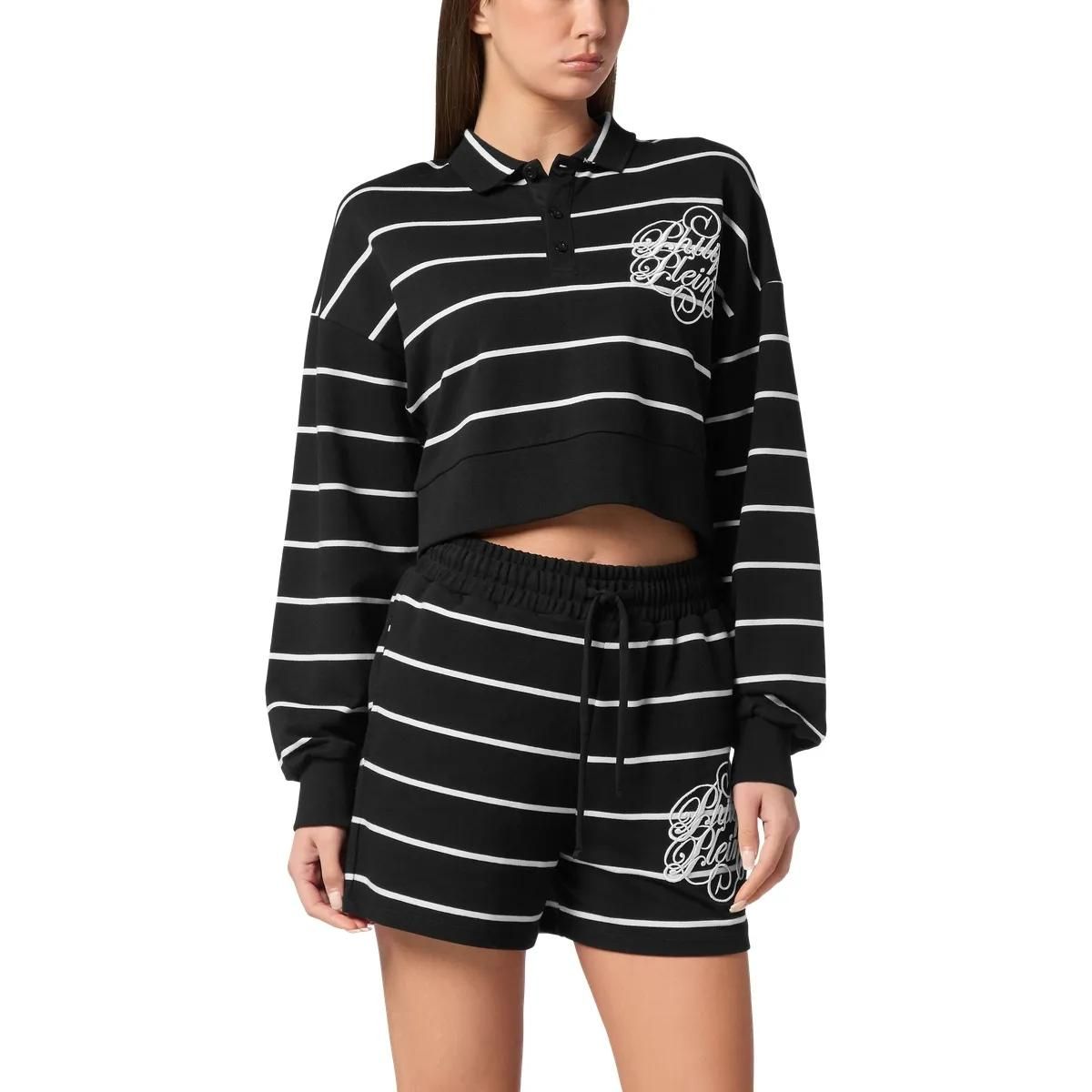 Gestreiftes, kurzes Langarm-Poloshirt