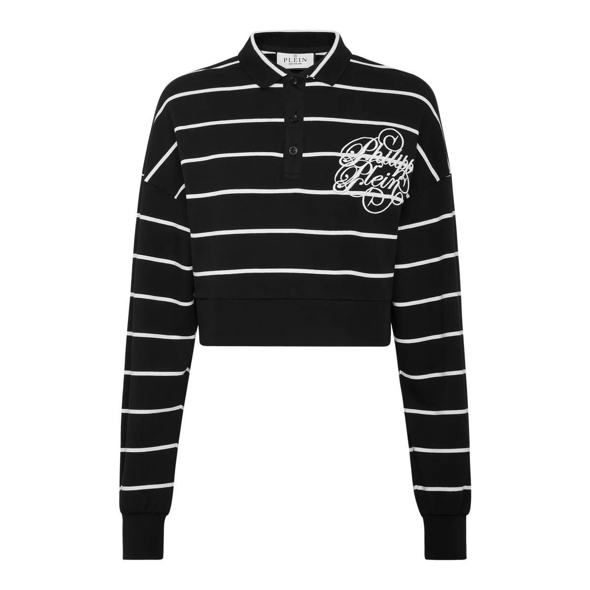 Gestreiftes, kurzes Langarm-Poloshirt