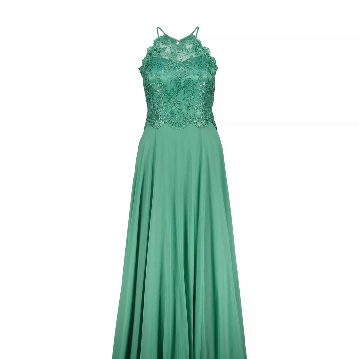 Grünes Chiffonkleid mit Spitzenoberteil