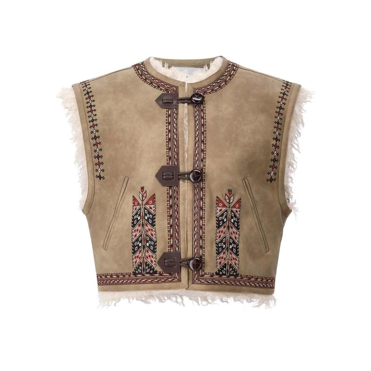 Boho Wildlederweste mit Stickerei und Shearling