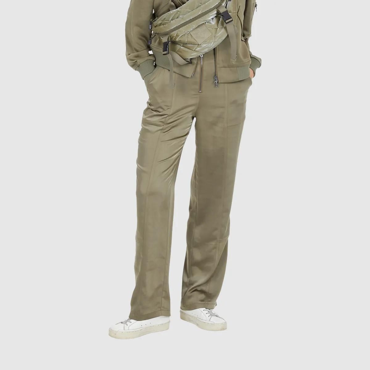 Olivgrüne Satinhose mit geripptem Bund