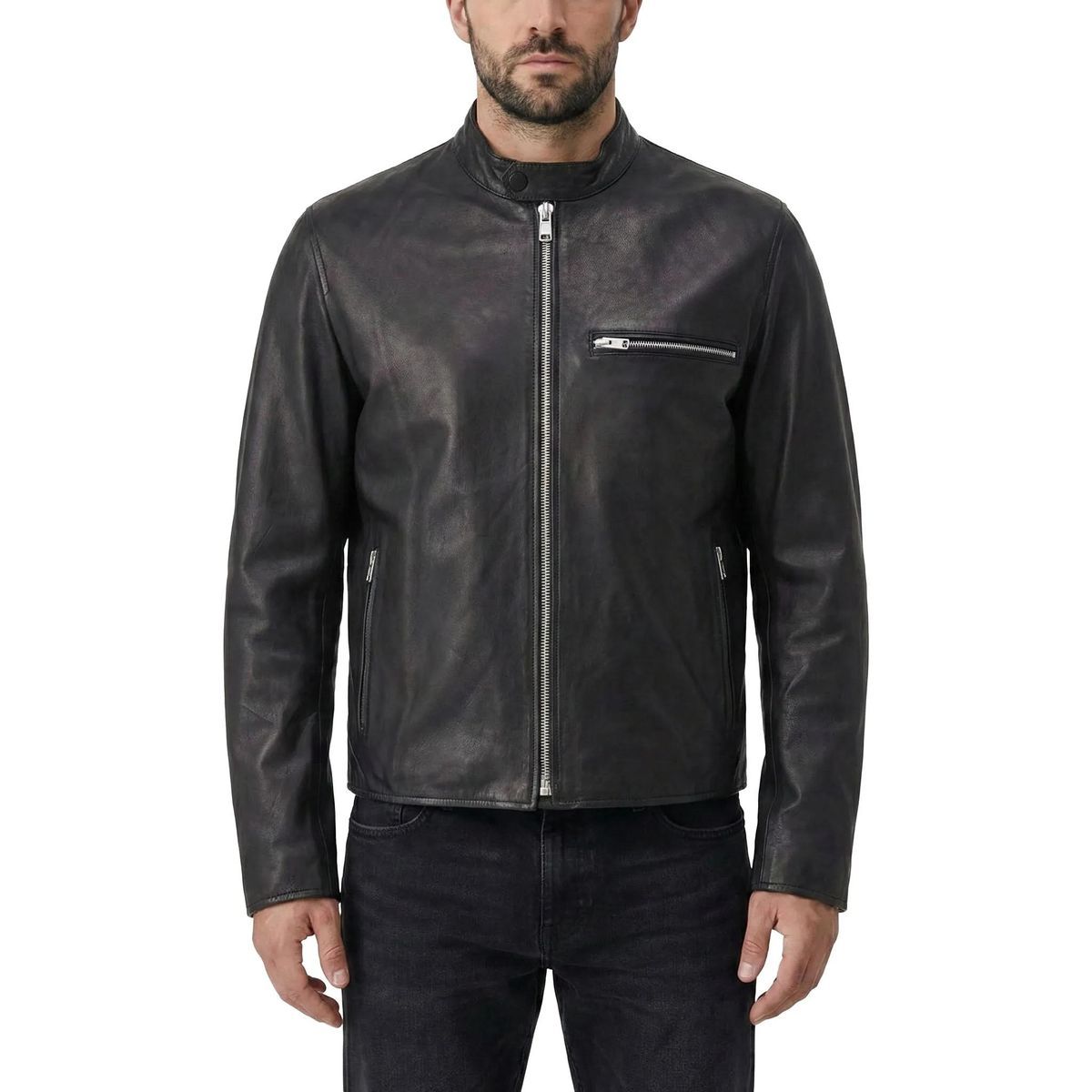 Schwarze Leder Bikerjacke mit Reißverschluss