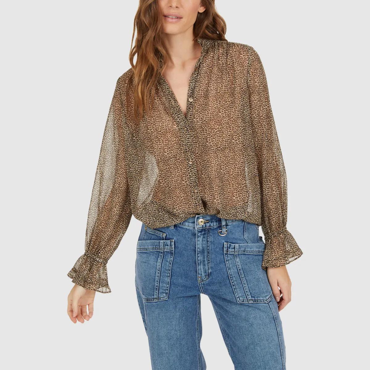 Durchscheinende Leopardenmuster Bluse mit Rüschen