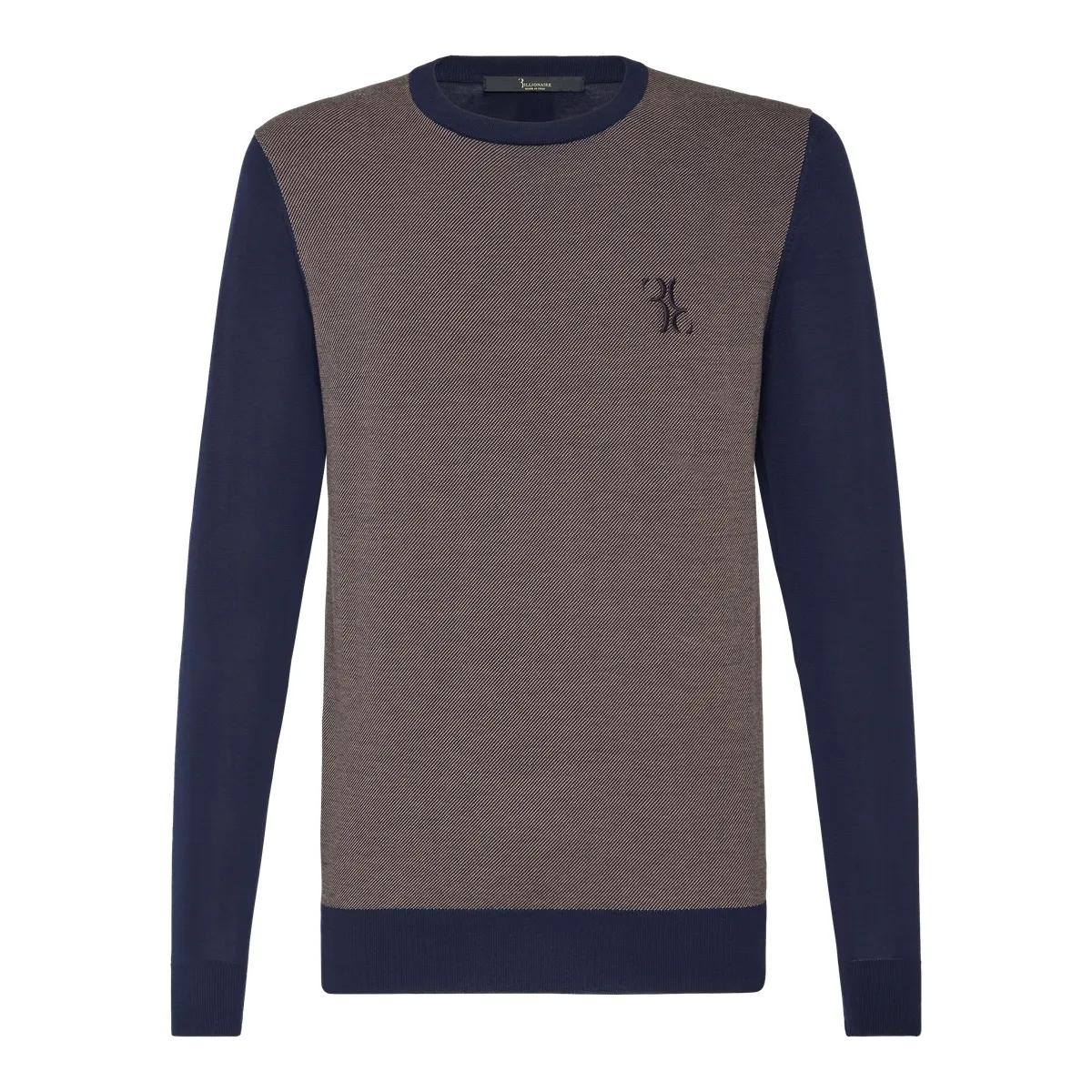 Zweifarbiger Baumwoll-Strickpullover mit Rundhalsausschnitt