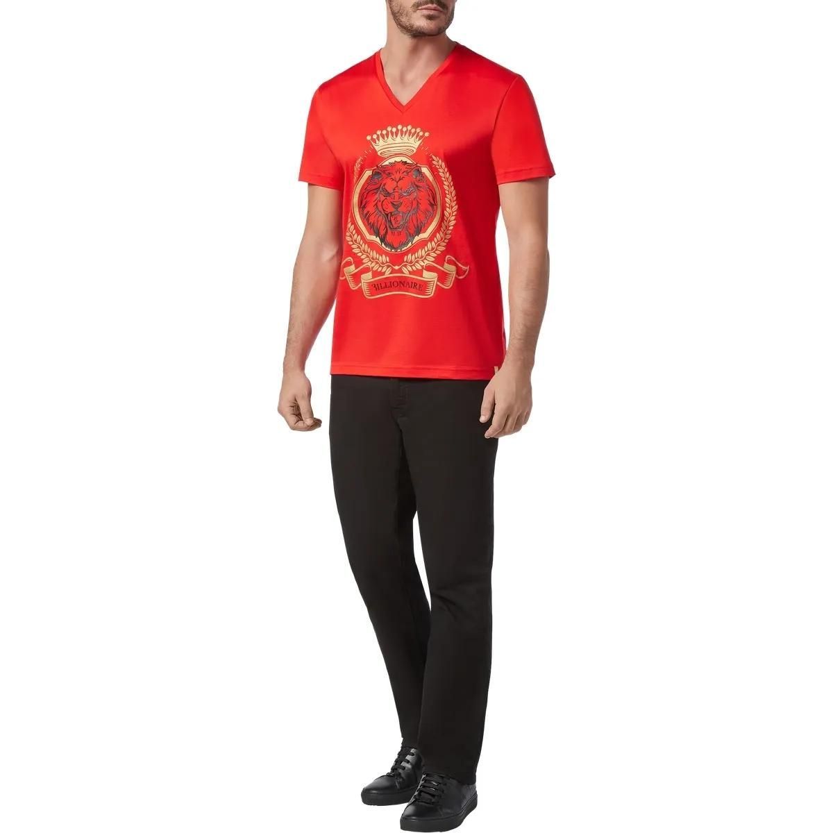 Rotes Löwenwappen V-Ausschnitt T-Shirt