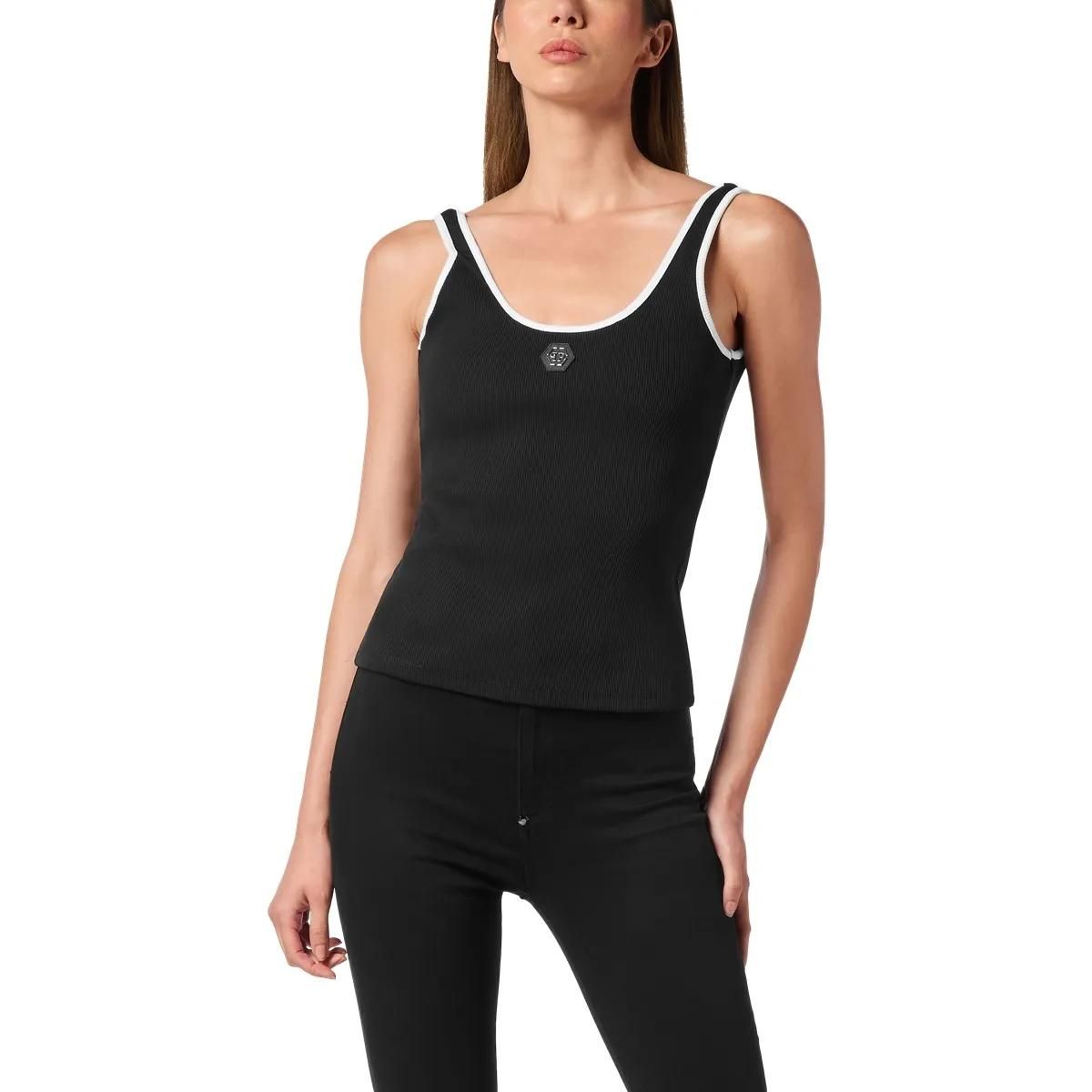 Geripptes Tanktop mit Kontrastbesatz