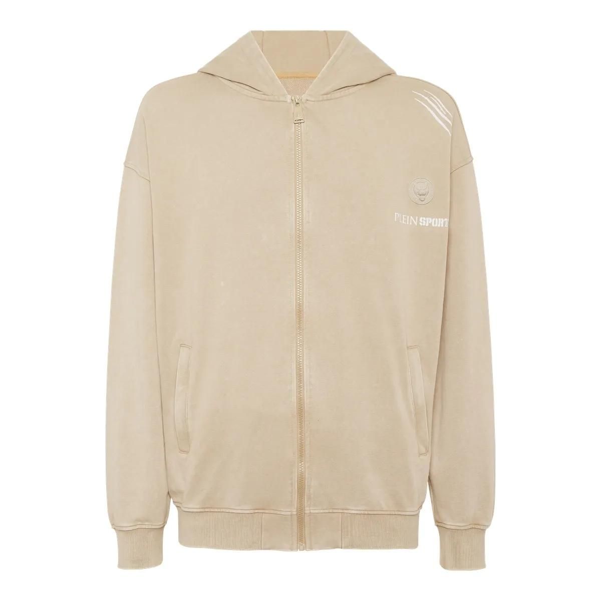 Beige Fleece-Kapuzenjacke mit Reißverschluss