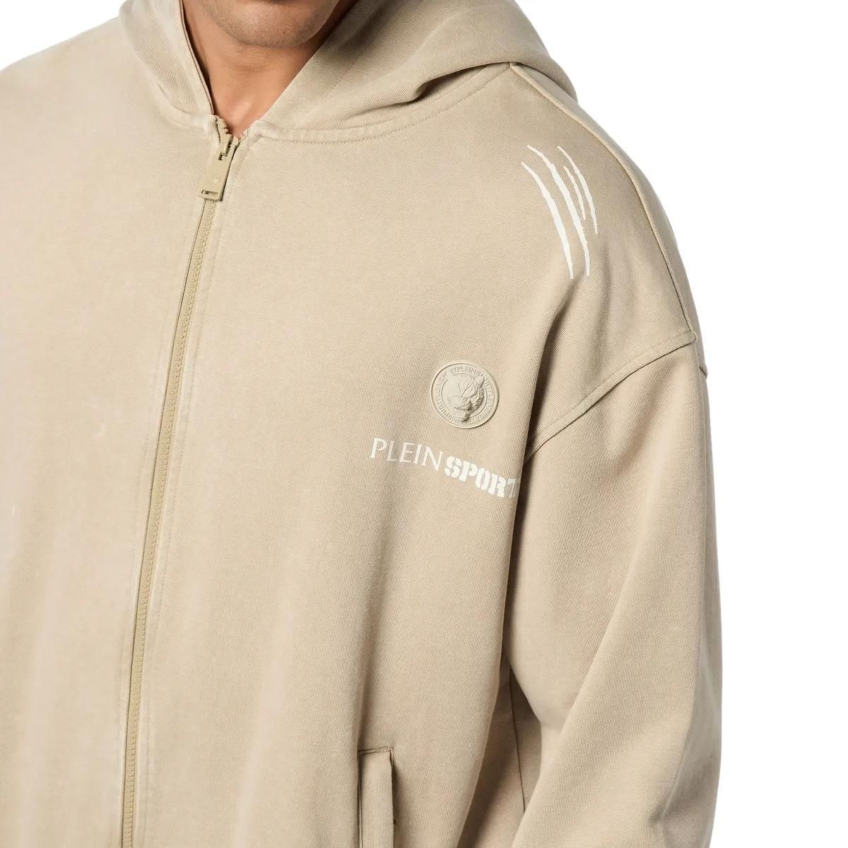 Beige Fleece-Kapuzenjacke mit Reißverschluss