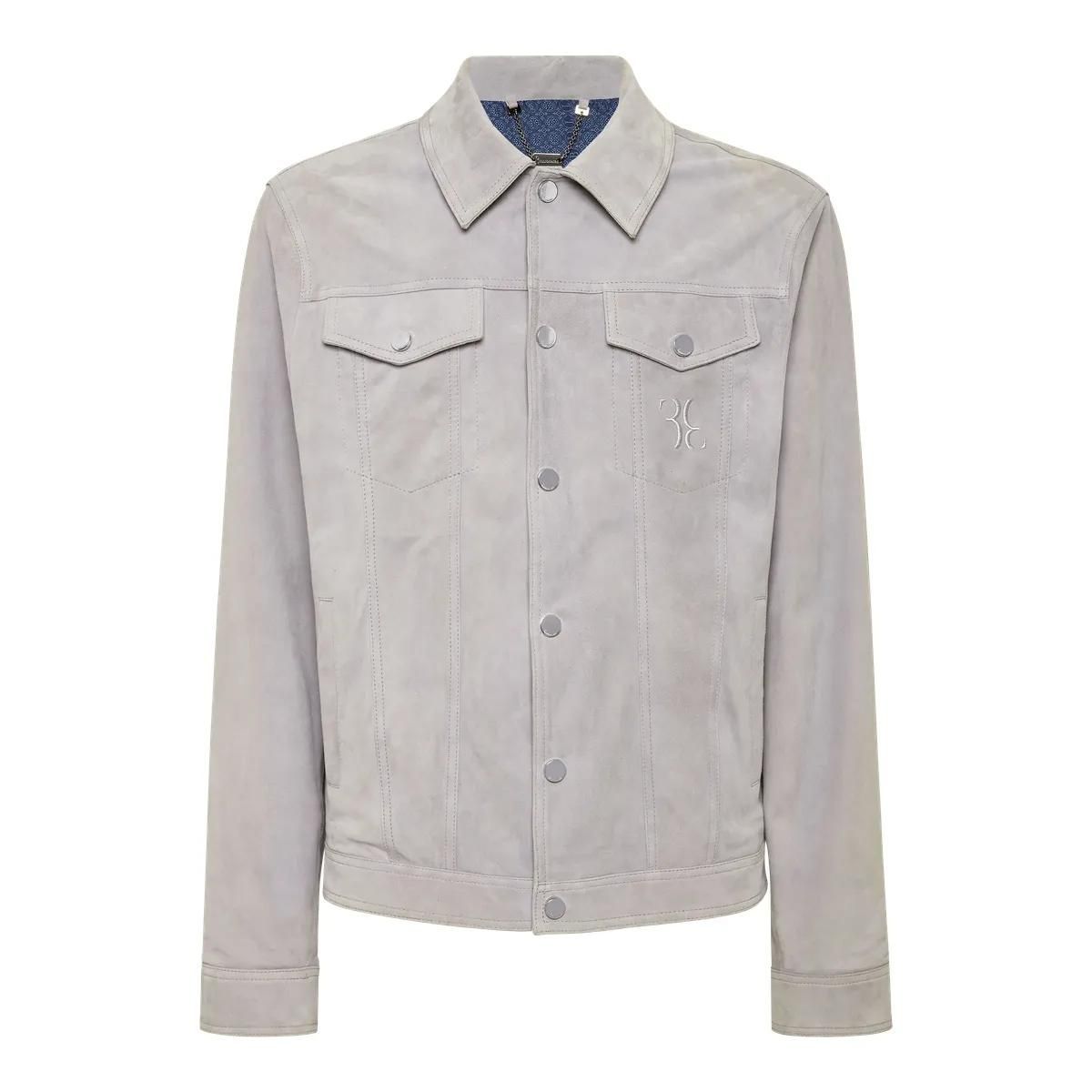 Graue Wildlederjacke im Trucker-Stil