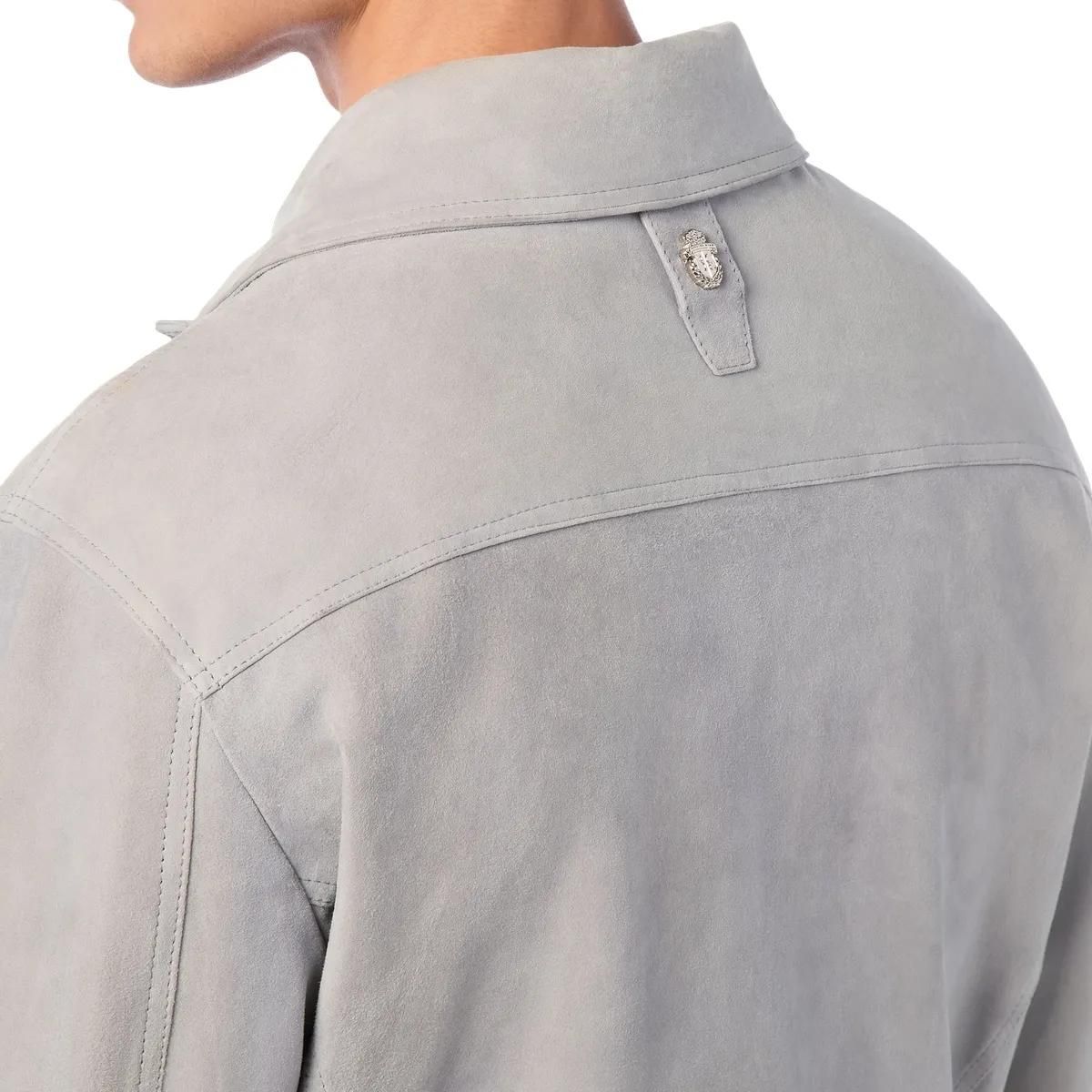 Graue Wildlederjacke im Trucker-Stil