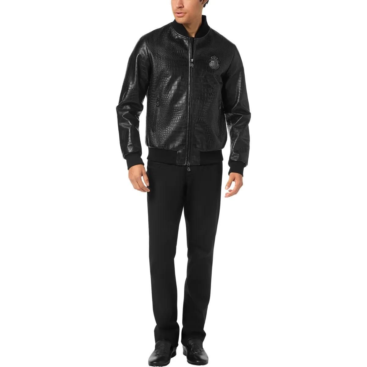 Geprägte Leder Bomberjacke mit Aufnäher