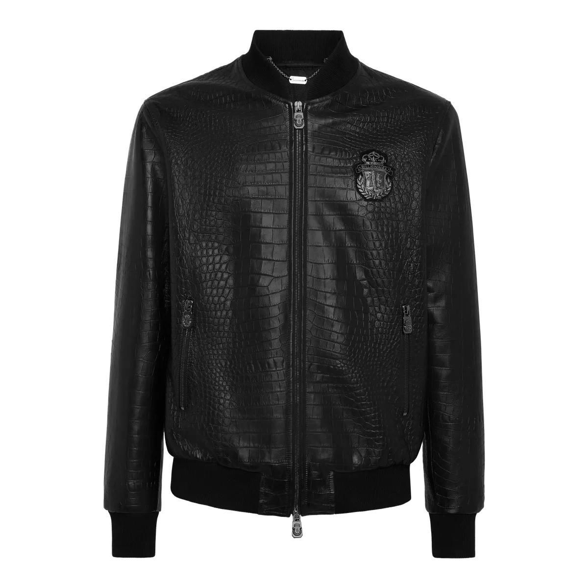 Geprägte Leder Bomberjacke mit Aufnäher