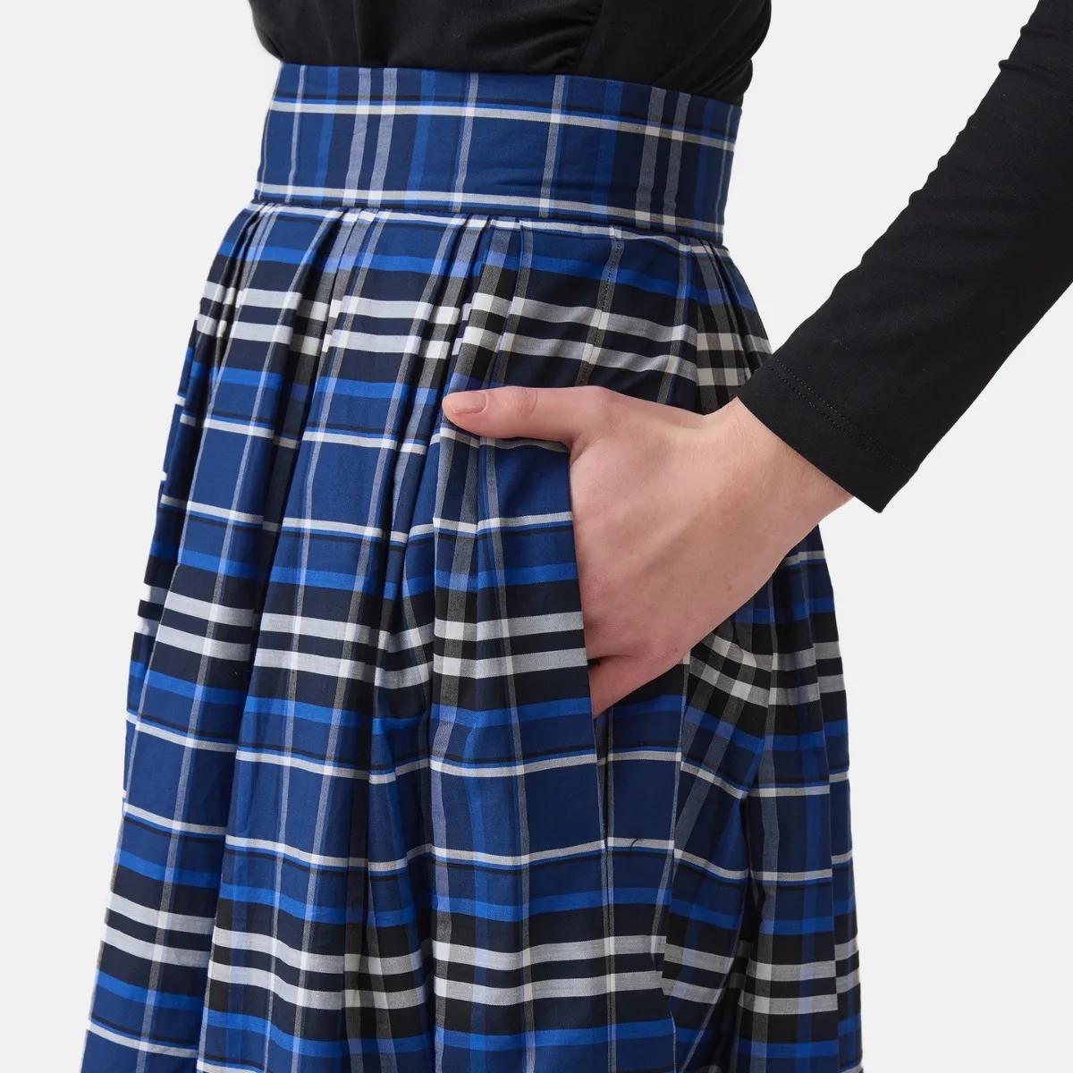 Eleganter blauer Plaid-Midi-Rock