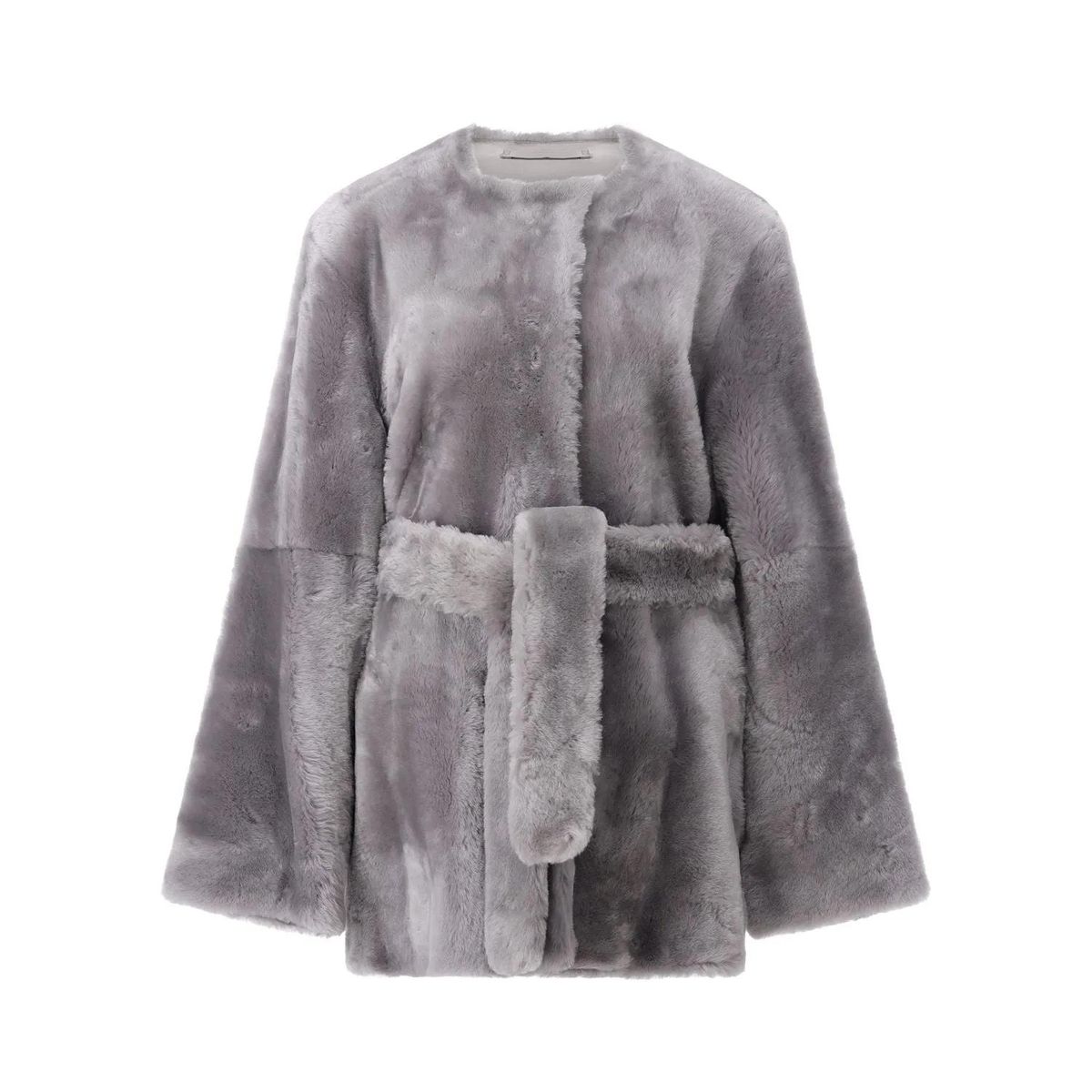Grauer Shearling-Mantel mit Gürtel