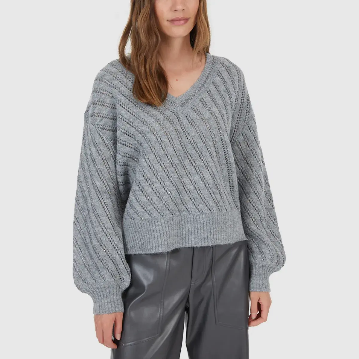 Grauer V-Ausschnitt Strickpullover mit Struktur