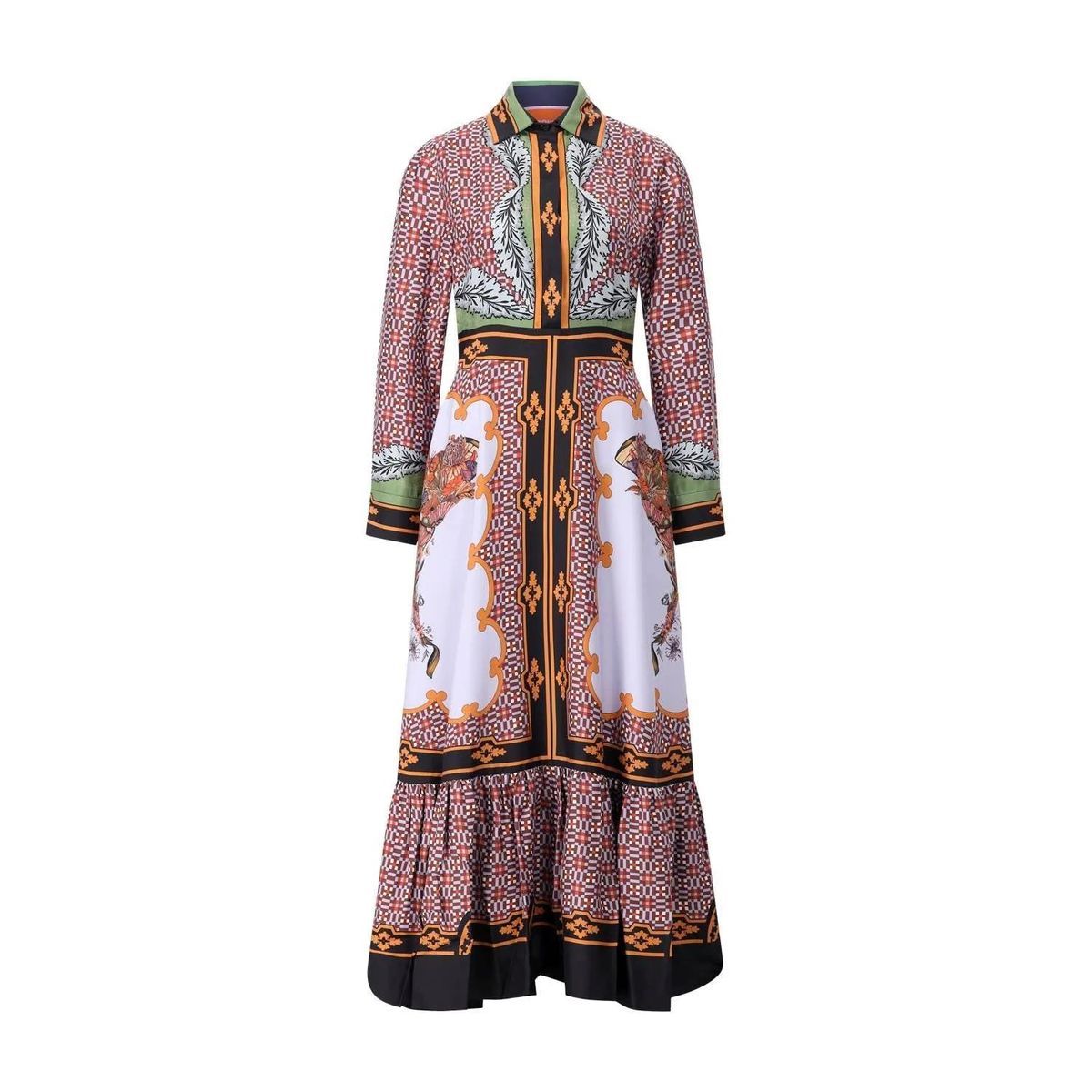 Gemustertes Seiden-Maxi-Hemdkleid