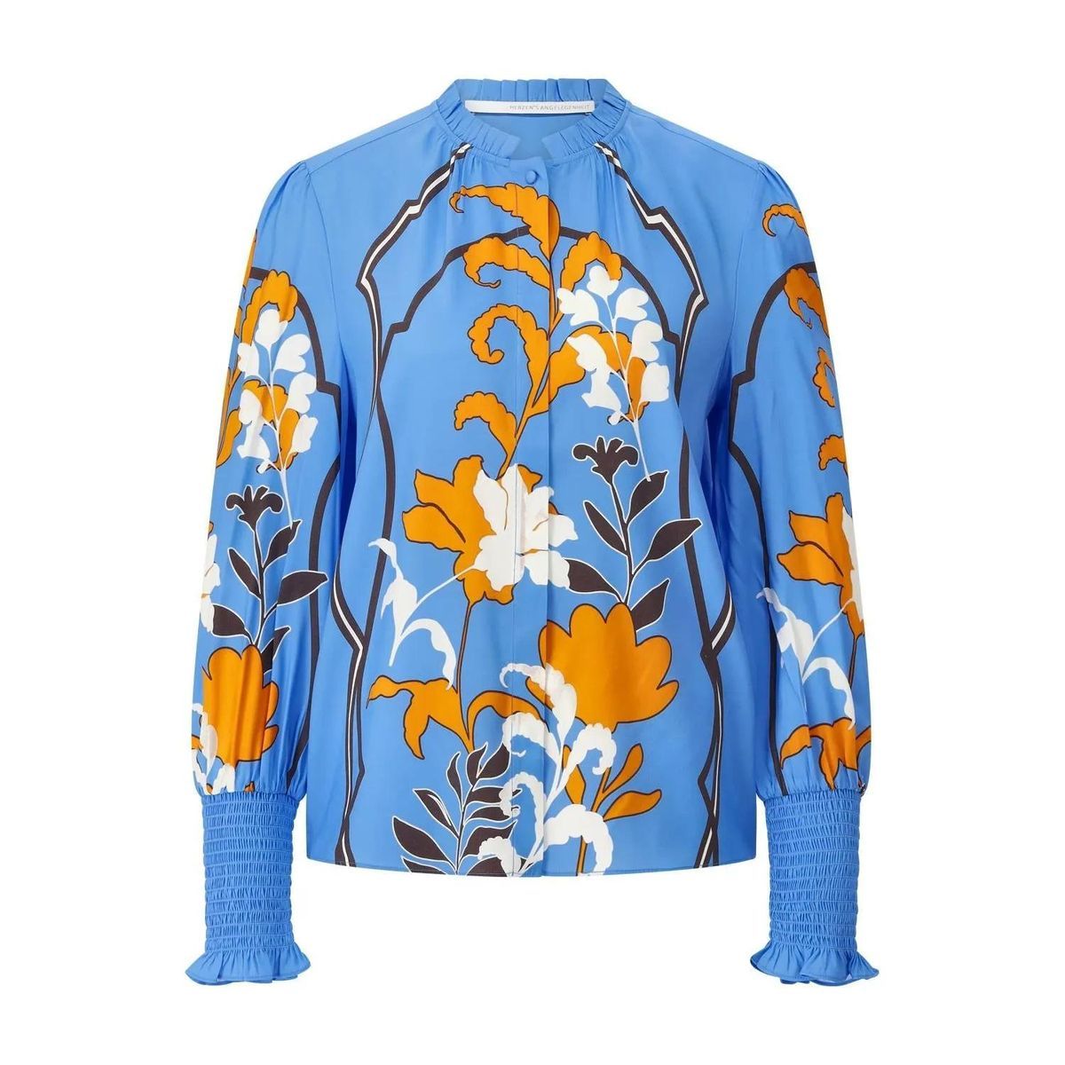 Seidenbluse mit Blumendruck und Rüschen