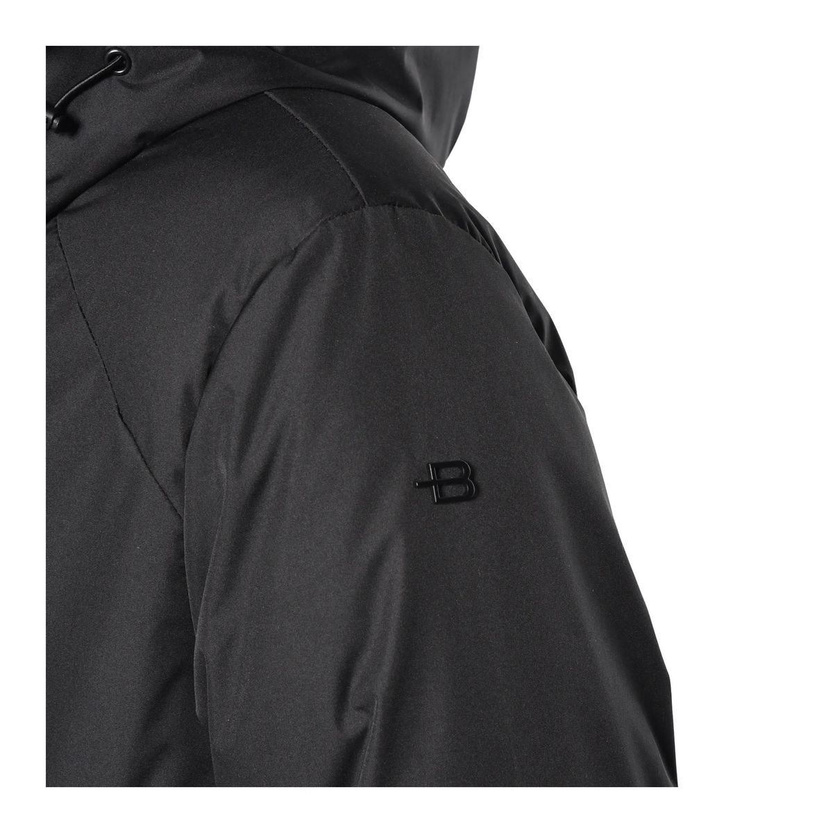 Schwarze Kapuzen-Pufferjacke