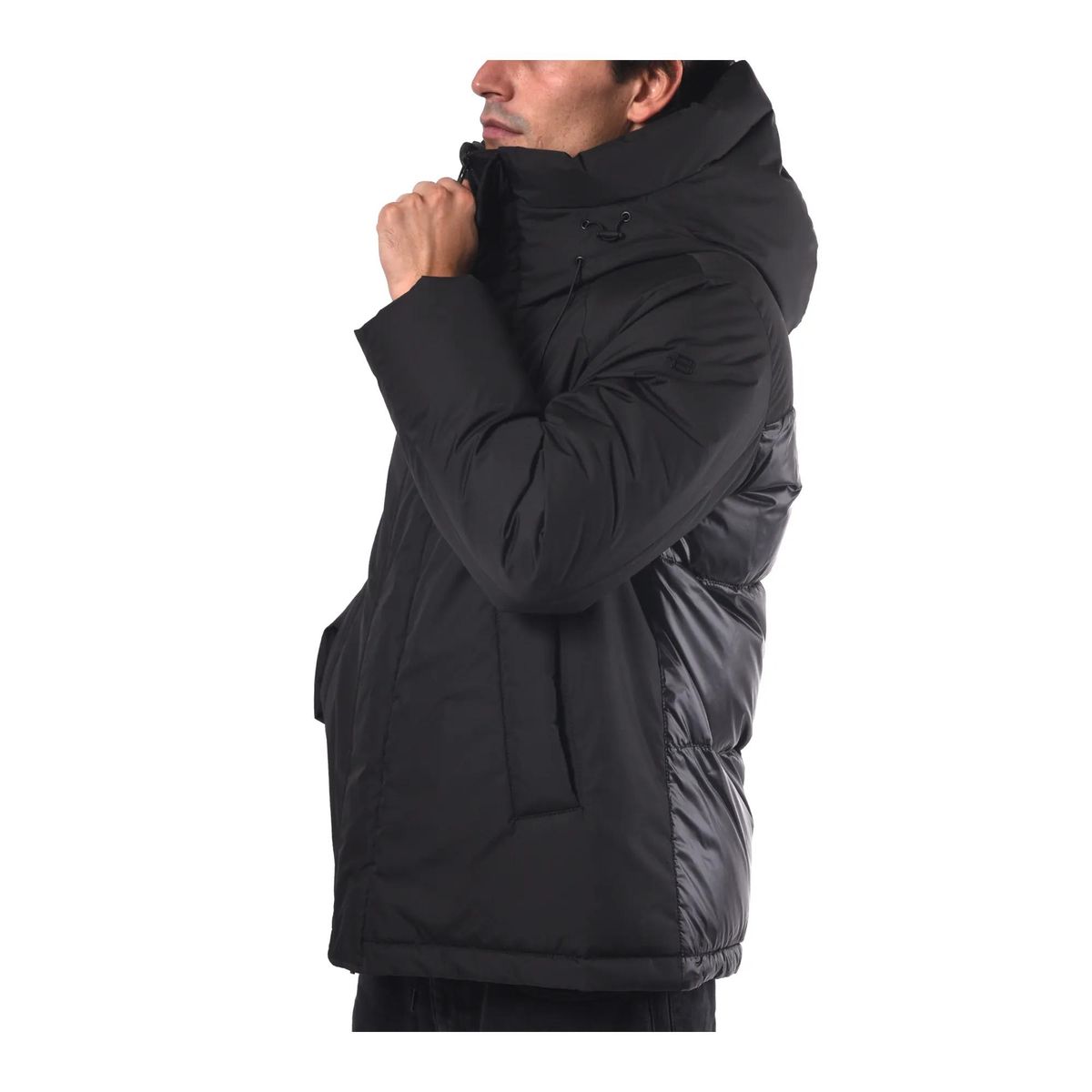 Schwarze Kapuzen-Pufferjacke